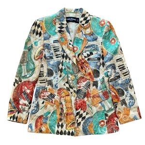 Louis Feraud Silk Wool Shimmer Embossed Jazz Music Blazer Jacket Art Wear Size 8